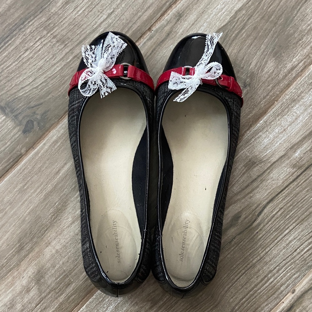 SOLD- Sole Society Black and Red Flats with Lace Bow
